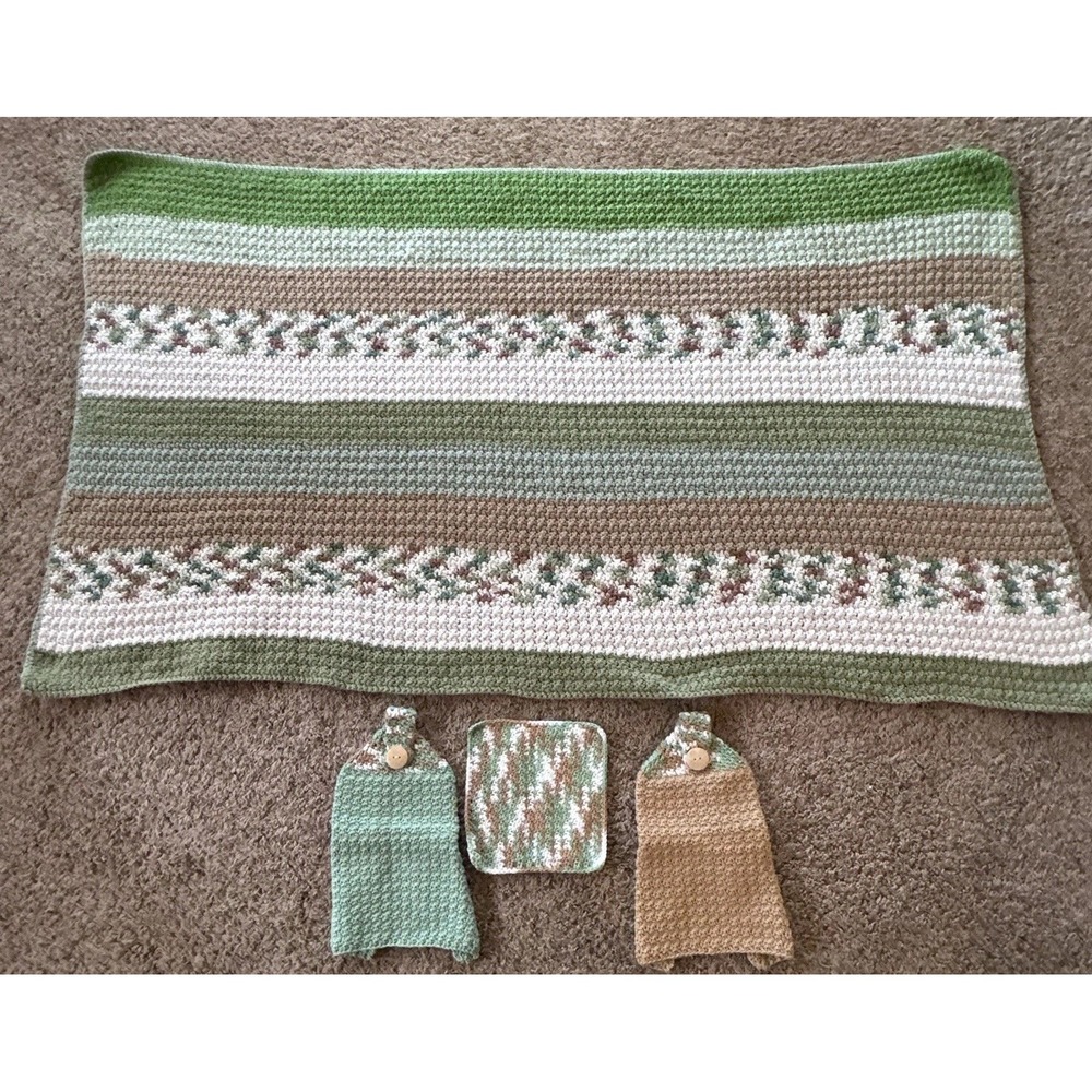 Crochet Afghan Blanket Throw Lap Homemade Colorful Stripe 33x58.5 & Dish Towels